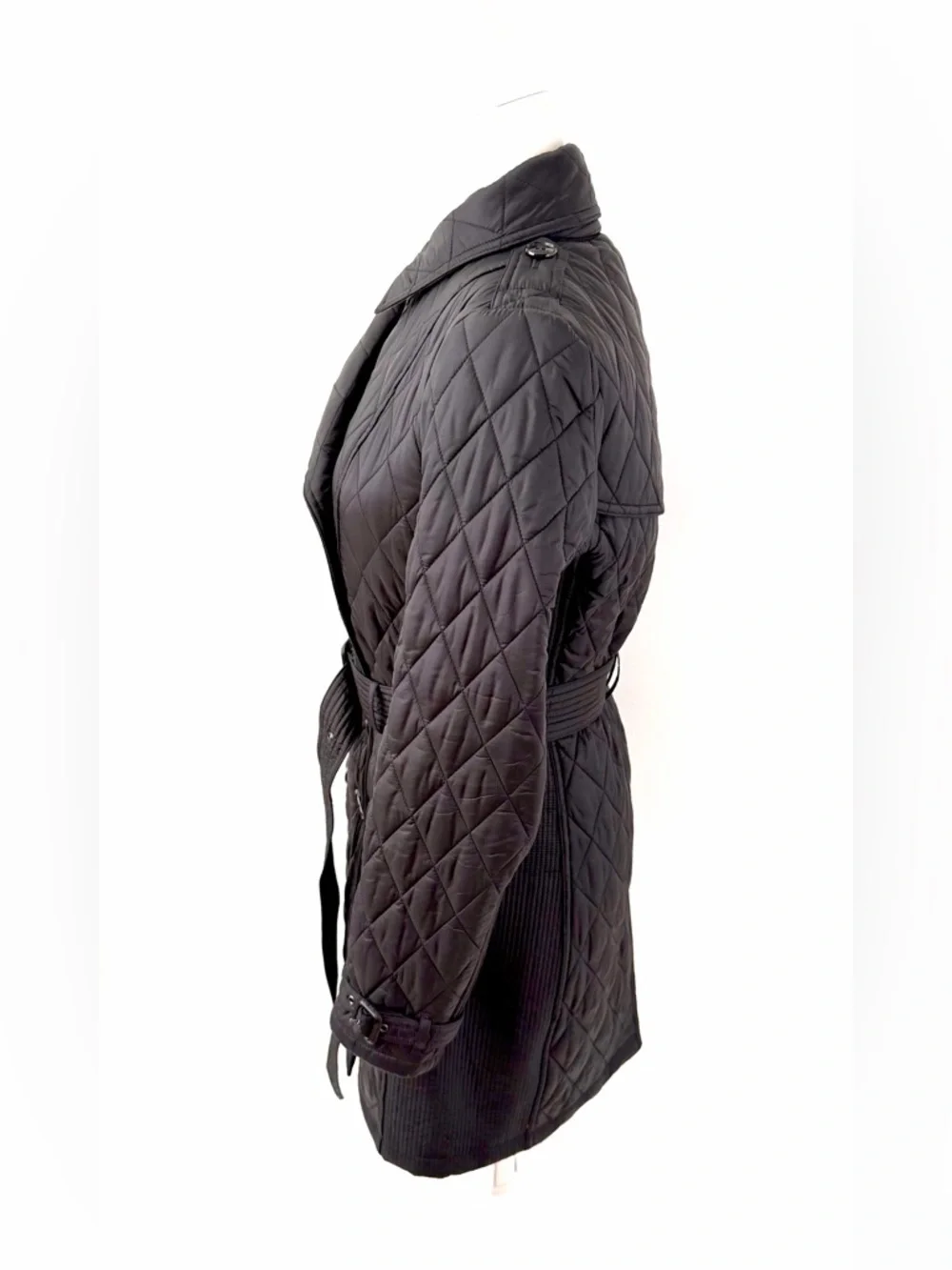 BURBERRY | Black Quilted Double Breasted Trench Coat Belted Jacket Check Small - Picture 6 of 12